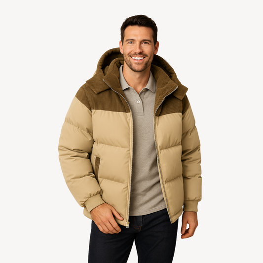 Men’s Puffer Jacket with Contrast Hood – Contemporary Streetwear Look